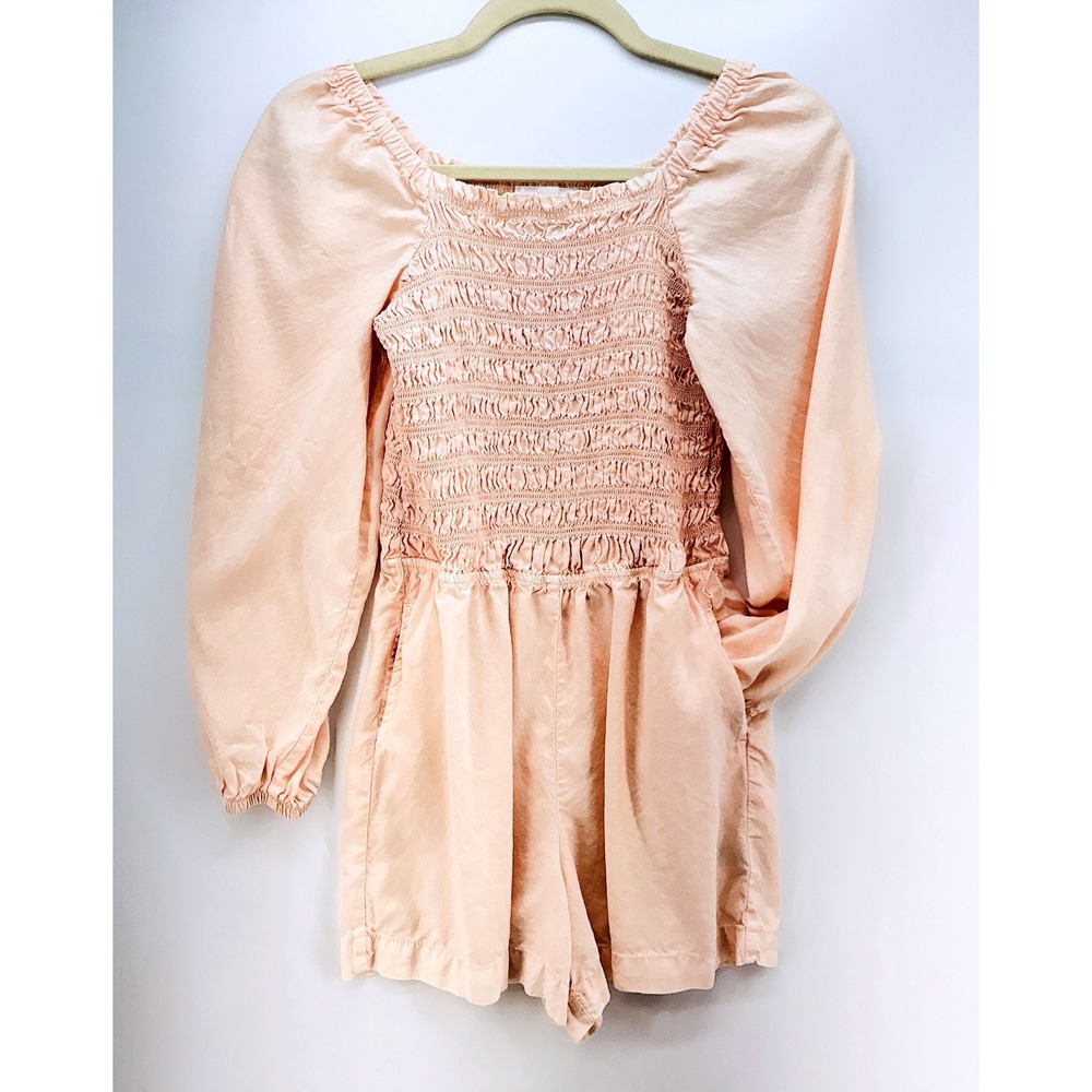 Bella Dahl Girl Pink Peach Smocked Puff Sleeve‎ Linen Romper Sz 14 Cottagecore